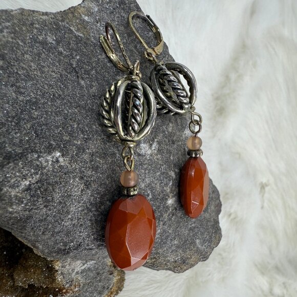 Silver Tone Ball w/ Brown Bead Dangle & Drop Pierced Earrings - Picture 4 of 9